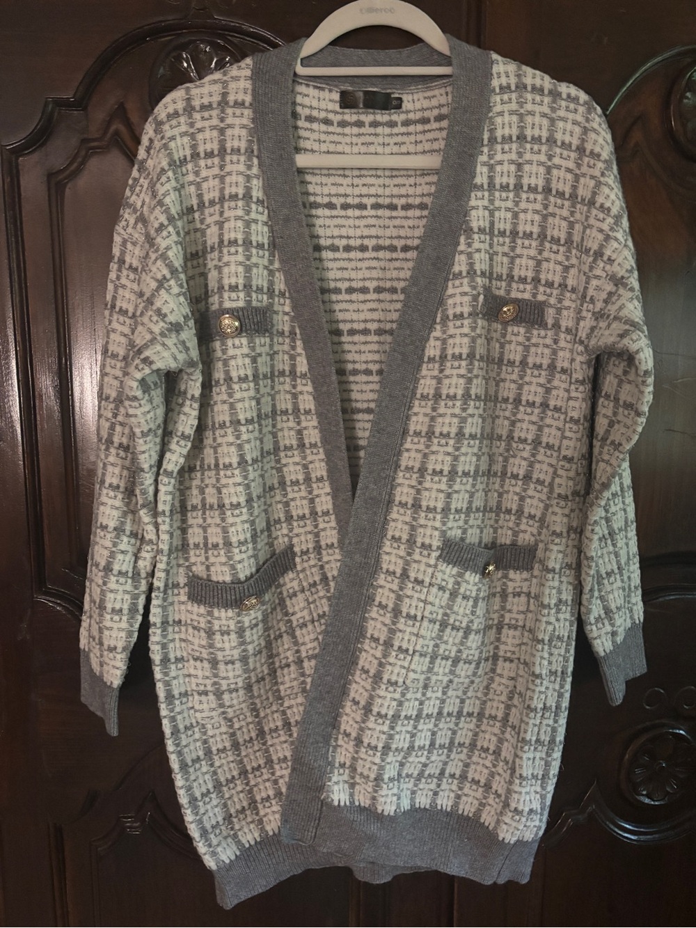 Open-Front Cream and Gray Pocket Cardigan Sweater